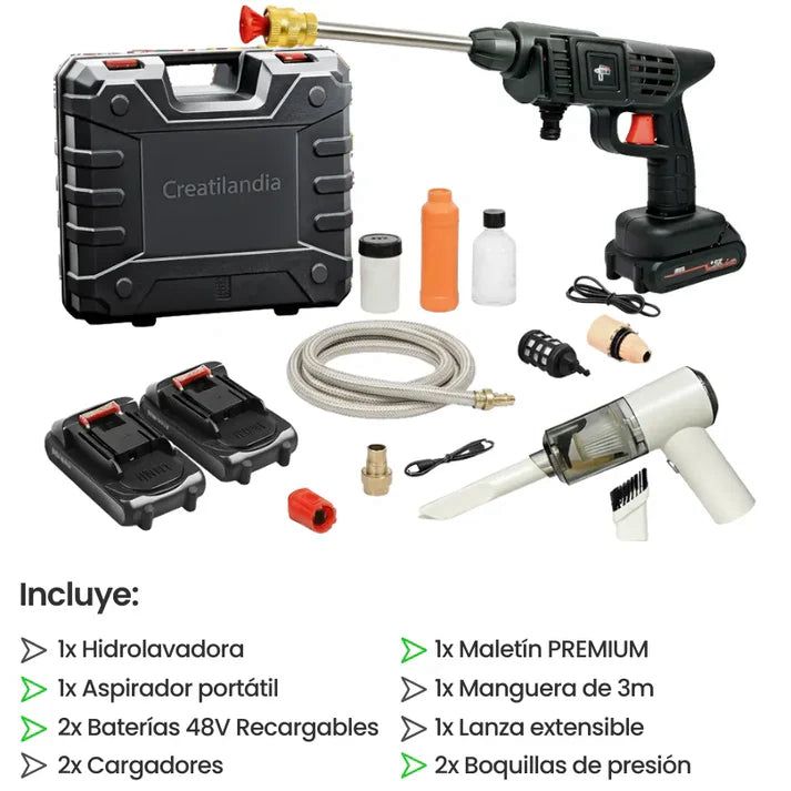 COMBO: Hidrolavadora + (Aspirador Portátil + Doble Batería + Maletín)